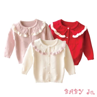 【BABY Ju 寶貝啾】公主木耳邊領糖果色毛衣外套(米色 / 粉色 / 紅色)