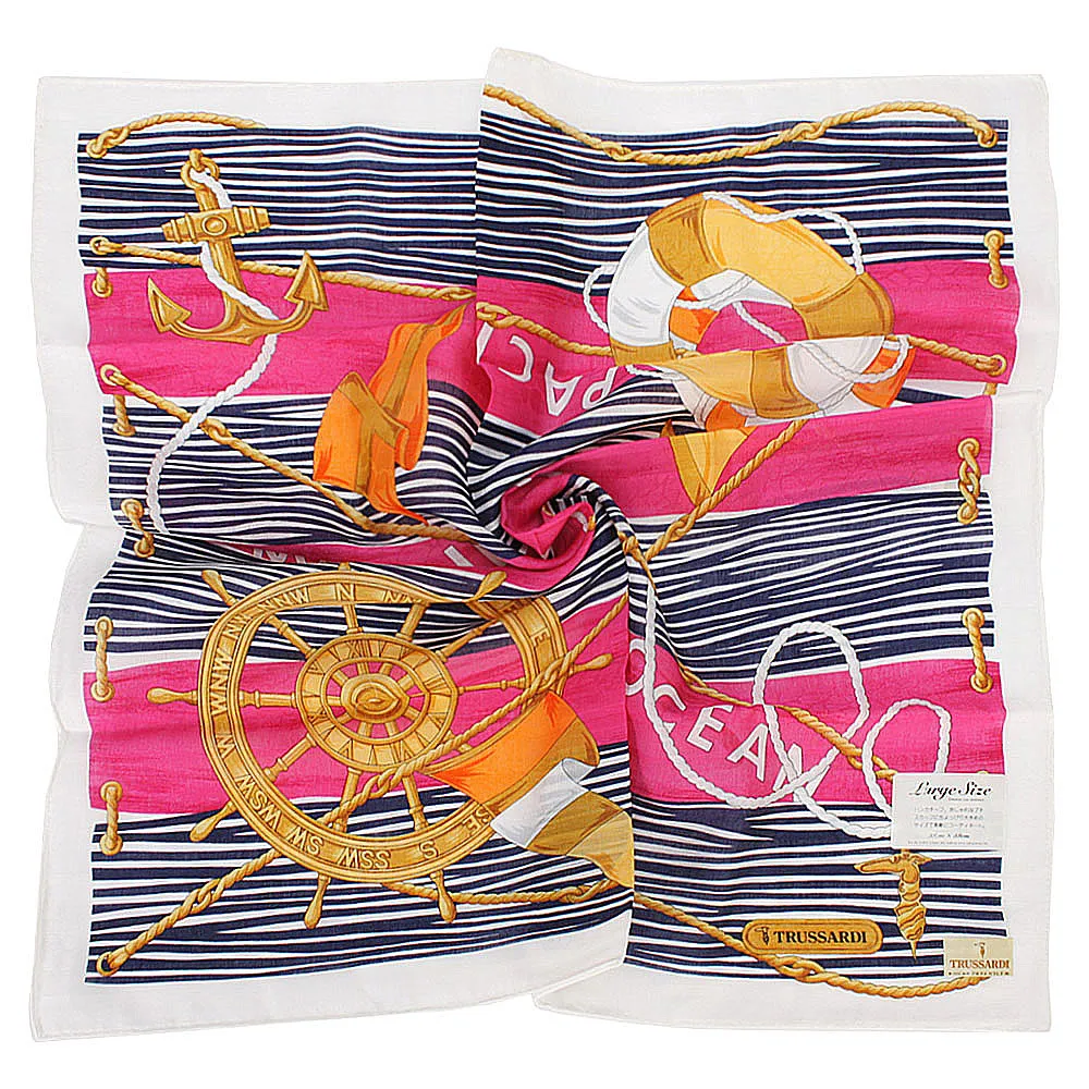 【TRUSSARDI】海洋水手波紋純綿帕巾領巾(桃紅色)