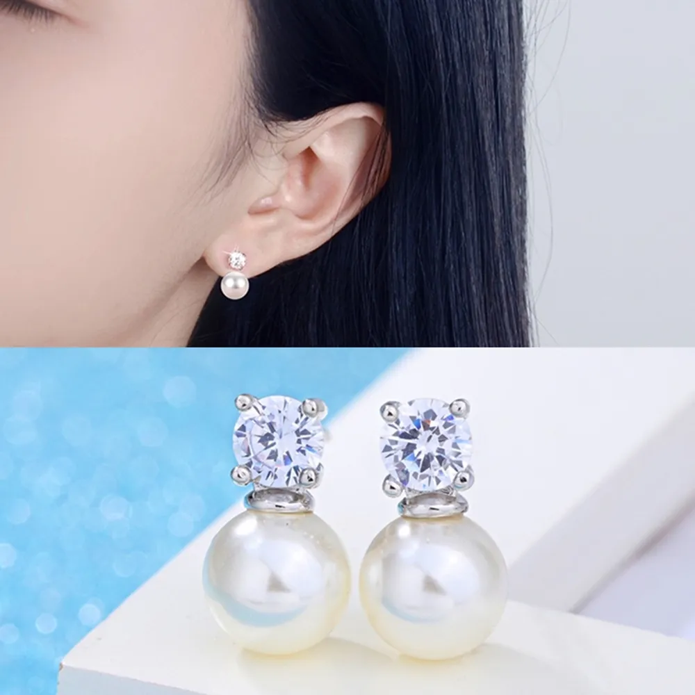 【Emi 艾迷】韓國925銀針簡約系列點鑽珍珠耳環