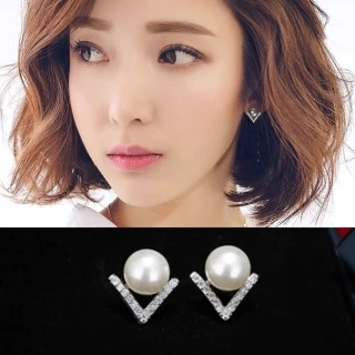 【Emi 艾迷】韓系古典浪漫珍珠V字鋯石微鑲 925銀針 耳環