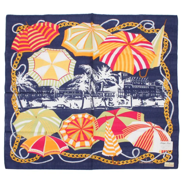 【TRUSSARDI】經典燙金LOGO艷夏海灘陽傘純綿帕巾領巾(深藍色)