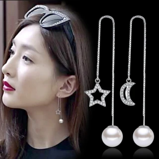 【Emi 艾迷】韓系幻夜星光月影鋯石微鑲珍珠 耳線 925銀針耳環