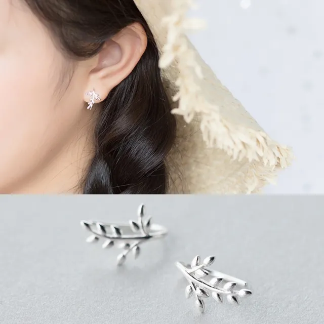 【Emi 艾迷】韓系冷澀季節樹枝絆葉耳勾 925銀針 耳環