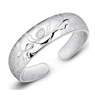 【I.Dear Jewelry】步步生蓮-蓮花圖騰精工立體雕花鍍銀手鐲手環(步步生蓮)