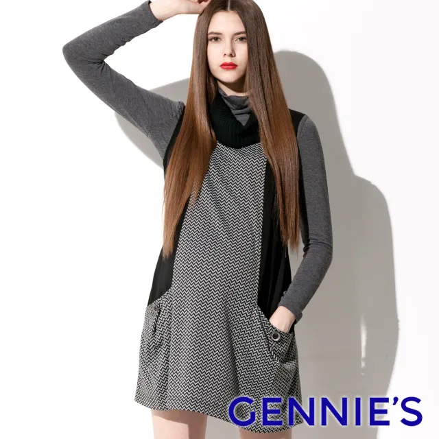 【Gennies 奇妮】都會女仕俐落無袖洋裝-白/紅(孕婦裝 保暖 翻領 綁帶 雙口袋)