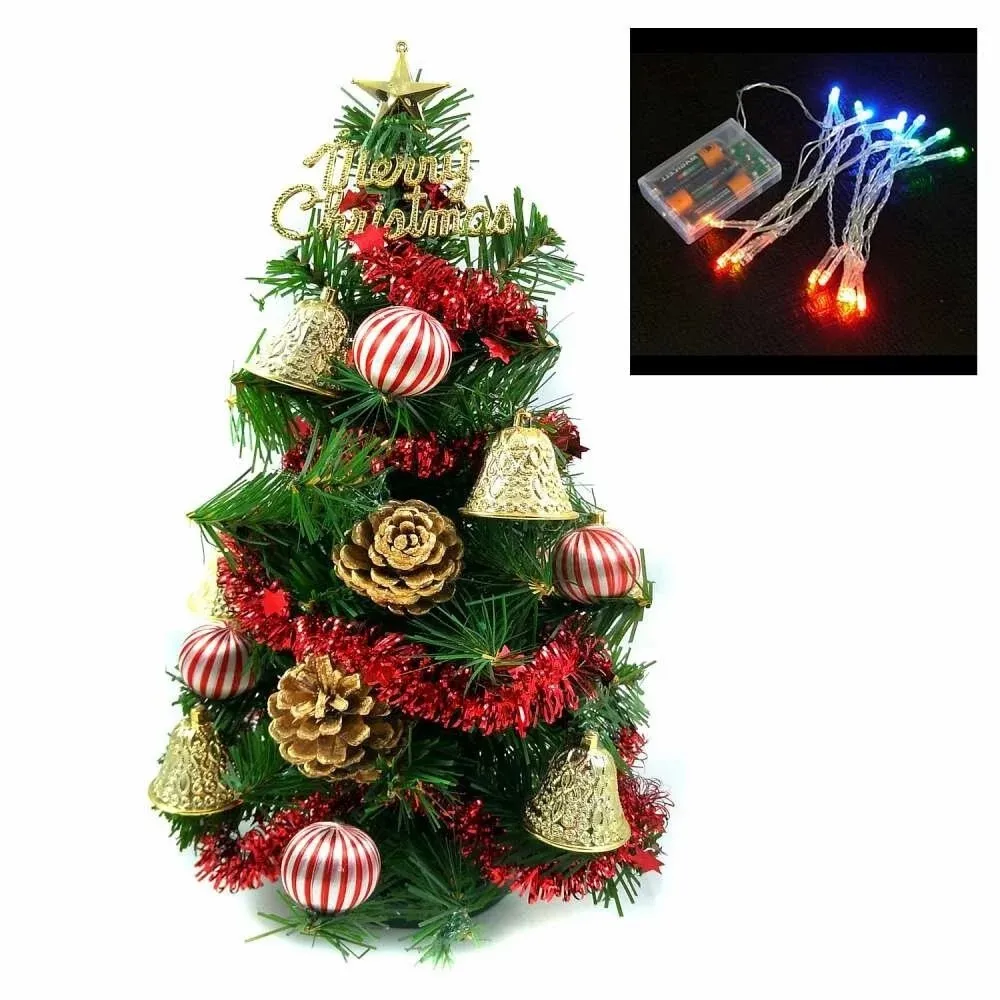 【交換禮物】摩達客-台灣製可愛迷你1呎30cm裝飾綠色聖誕樹(金鐘糖果球系+LED20燈彩光電池燈)
