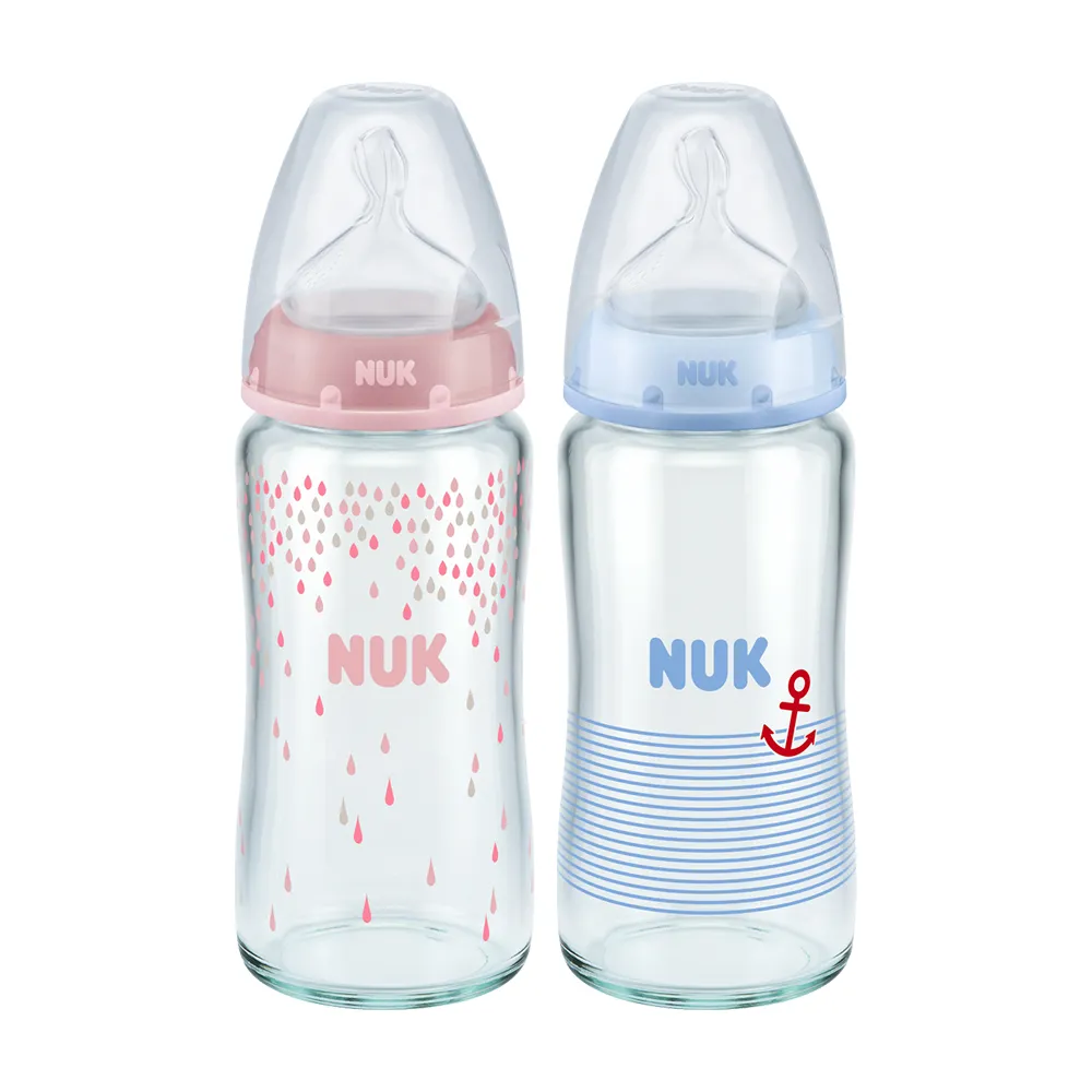 【NUK】寬口徑彩色玻璃奶瓶240ml-附1號中圓洞矽膠奶嘴0m+(適合0-6個月)