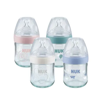 【NUK 官方直營】自然母感玻璃奶瓶120ml-附1號中圓洞矽膠奶嘴0m+(顏色隨機出貨)