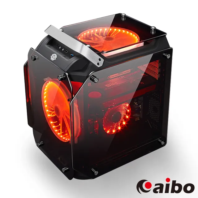 【aibo】金剛 USB3.0 四面鍍銀鏡面鋼化玻璃 高階電競機殼(紅燈)(GPU-30cm/CPU-16cm)