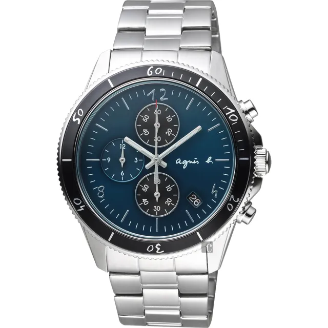 【agnes b.】巴黎限定三眼計時手錶-綠x銀/43mm(VK67-KXB0G  B7A005X1)