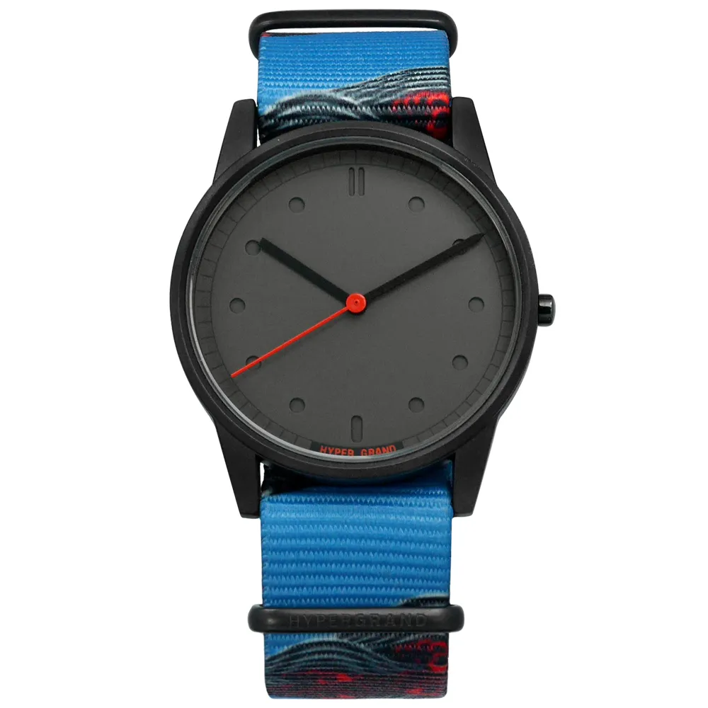 【HyperGrand】Holiday 新加坡品牌 塗鴉藝術 極簡面板 尼龍手錶 灰x黑框x藍 38mm(NW01TIDL)