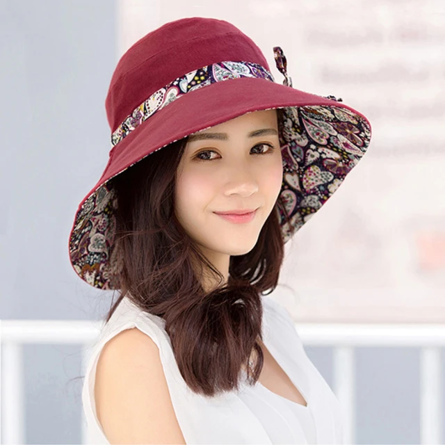 【幸福揚邑】愛心紋大帽檐抗UV防紫外線雙面配戴可摺疊遮陽帽(酒紅)