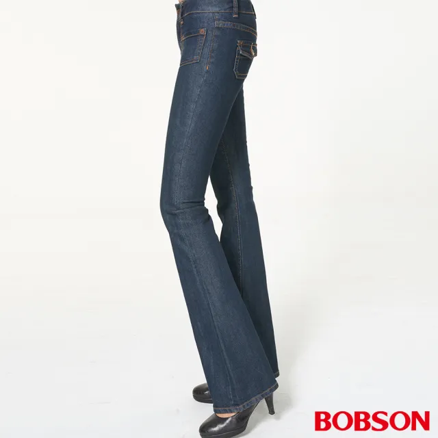 【BOBSON】女款低腰貼口袋中喇叭褲(藍9012-52)