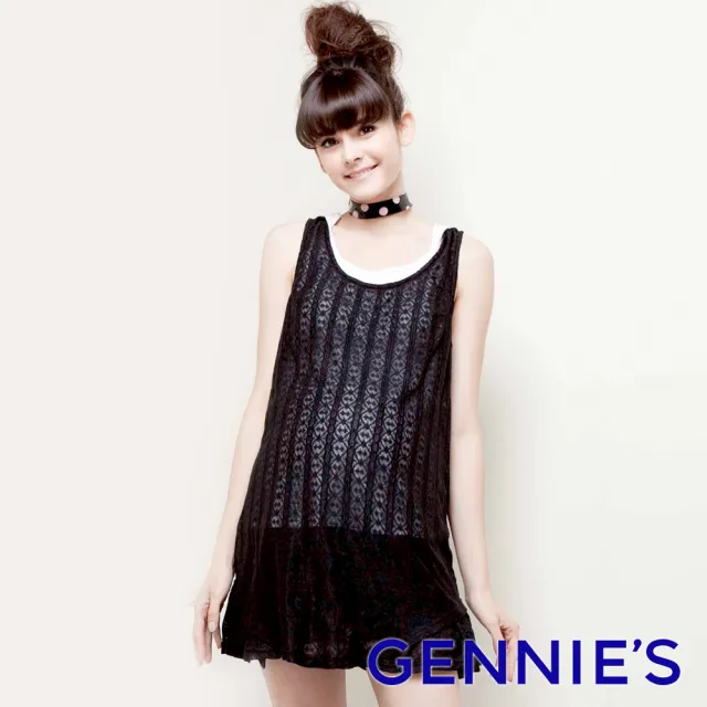 【Gennies 奇妮】涼爽蕾絲不規則無袖長版上衣(灰/黑G3312)