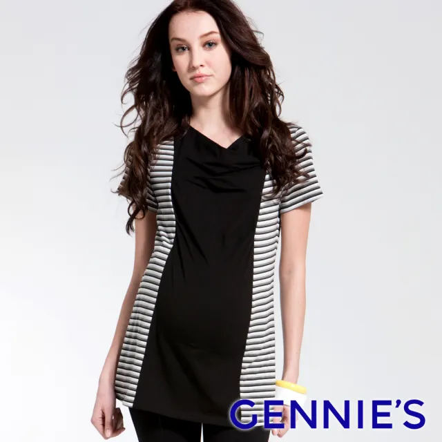 【Gennies 奇妮】設計感摺飾拼接條紋上衣(黑C3117)