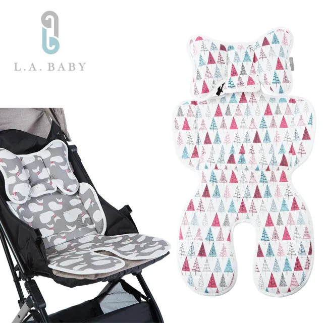 【L.A. Baby】多功能3D涼感推車汽座餐椅座墊-加長型(頭枕可拆可調-配合寶寶成長使用-許願樹)