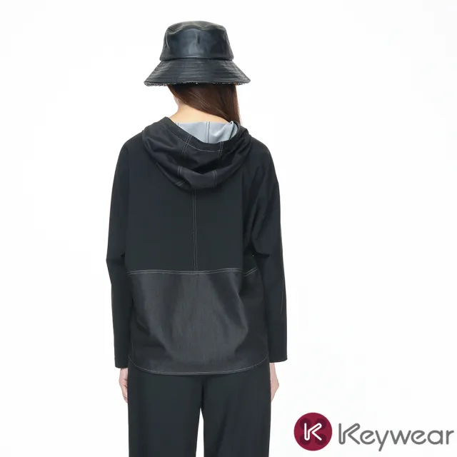 【KeyWear 奇威名品】拼接壓線設計連帽長袖上衣