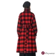 【KeyWear 奇威名品】紅色格紋雙排釦長大衣