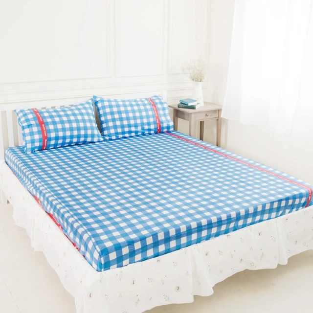 【奶油獅】雙人特大7尺床包三件組-台灣製造100%精梳純棉(格紋系列-藍)