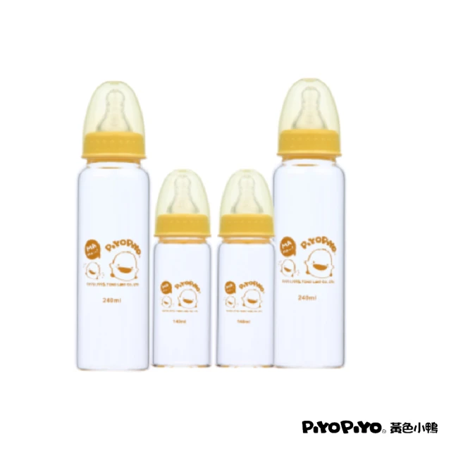 【Piyo Piyo 黃色小鴨】玻璃標口奶瓶組(晶鑽2大2小 一體成形)