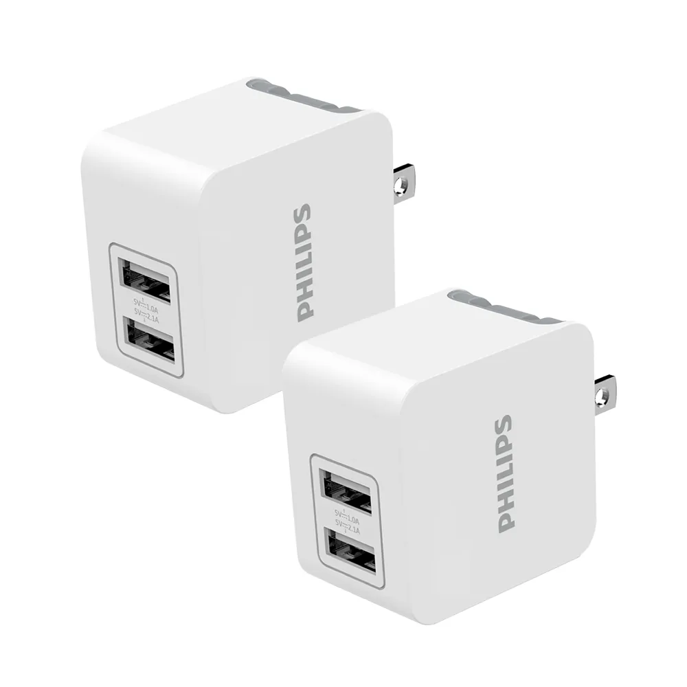 【Philips 飛利浦】超值2入組-10.5W USB 2孔快充充電器(DLP3012)