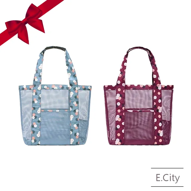 【E.City】雙11 買一送一-韓版加厚旅行網格沙灘包購物大方包(共2入)