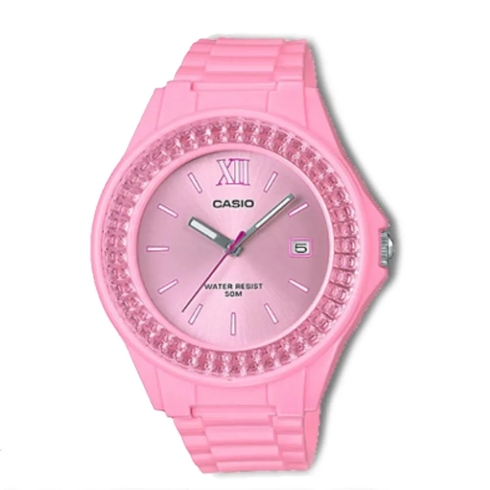 【CASIO 卡西歐】CASIO 指針女錶 鑲鑽錶圈 時尚簡約 防水50米(LX-500H-4E2)