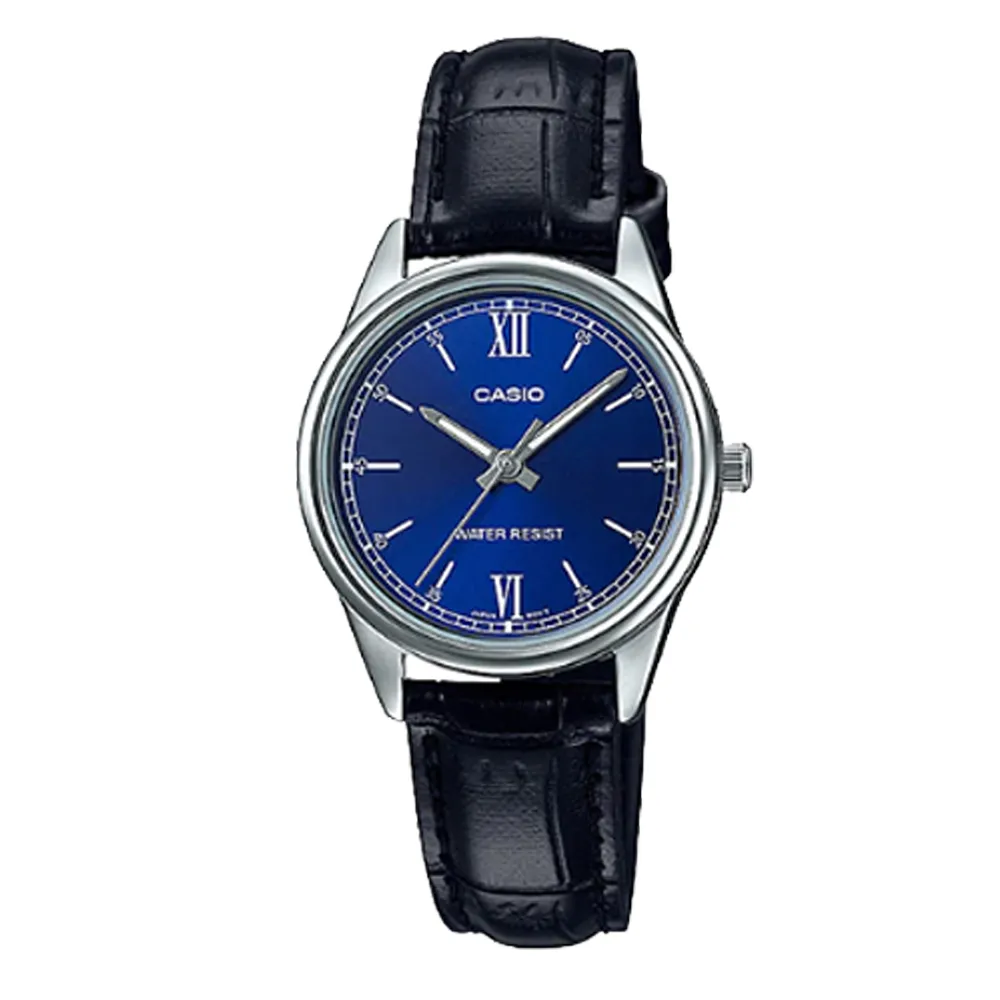 【CASIO 卡西歐】CASIO 指針女錶 皮革錶帶 藍 生活日常防水(LTP-V005L-2B)