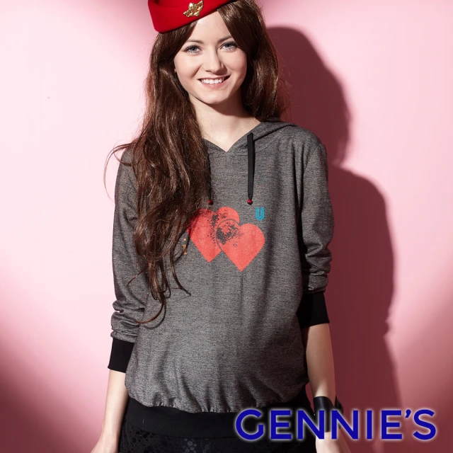 【Gennies 奇妮】愛心圖印個性連帽上衣(藍/灰G3671)