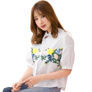【lingling】全開釦繡花設計襯衫短袖上衣PA3730(休閒白)
