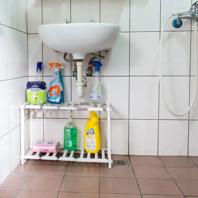 下水槽不鏽鋼伸縮置物架 廚房瀝水架 洗手台下收納架 可穿越水管彎管