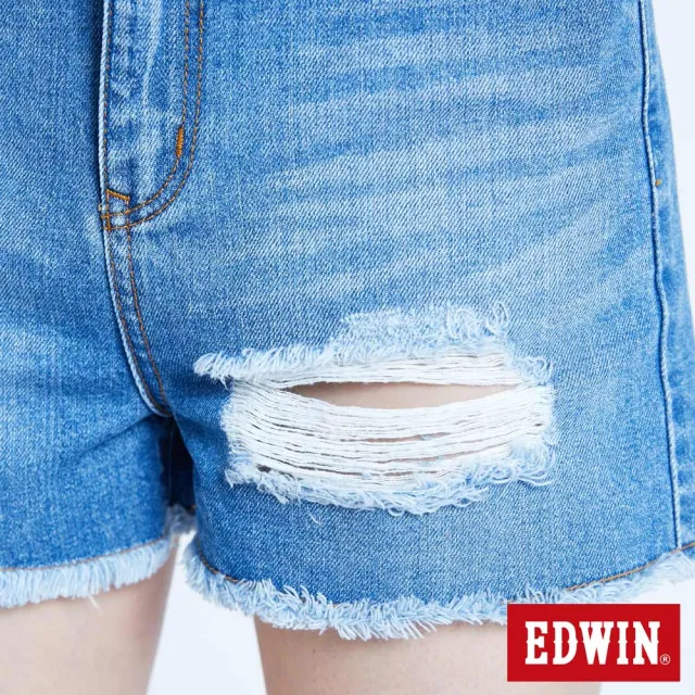 【EDWIN】女裝 拼貼破損加工短褲(石洗藍)