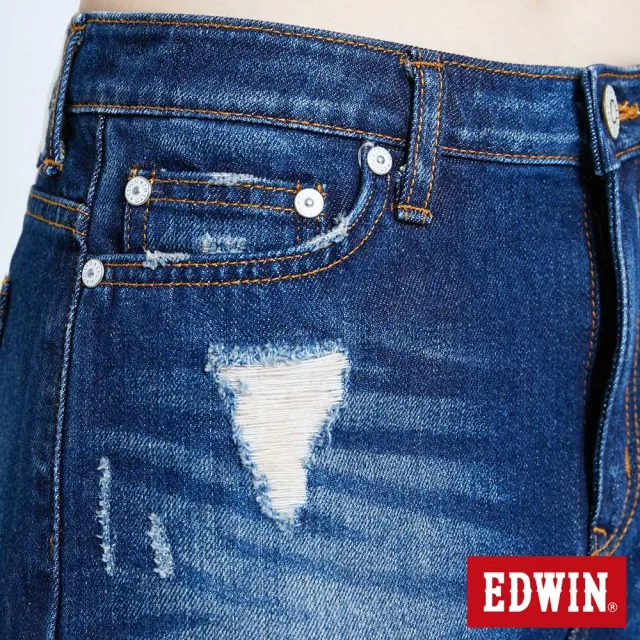 【EDWIN】女裝 拼貼破損加工短褲(中古藍)