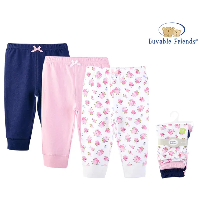 【Luvable Friends 甜蜜寶貝】100%純棉嬰幼兒長褲3件組_粉白碎花(LF32346)