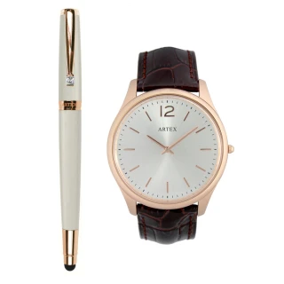 【ARTEX】ARTEX 雅致觸控鋼珠筆玫瑰金白+5605真皮手錶-褐/玫瑰金43mm
