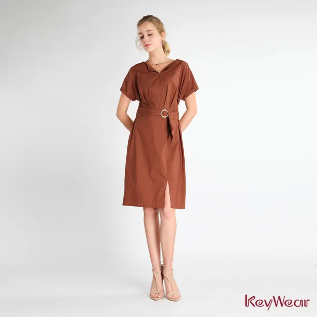 【KeyWear 奇威名品】時尚寬鬆剪裁綁帶設計短袖洋裝(共2色)