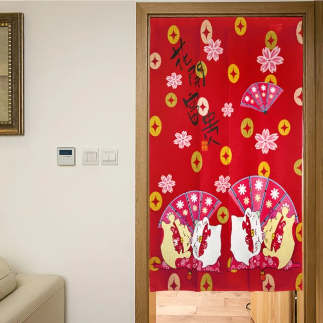 【LASSLEY】日本門簾-花開富貴 85X150cm(日式 和風 招財貓 雙開式 風水簾 一片式)