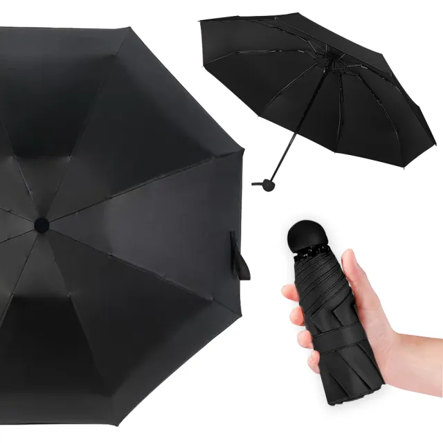 【幸福揚邑】抗UV降溫8骨防風防潑水大傘面五折迷你晴雨口袋傘(黑)
