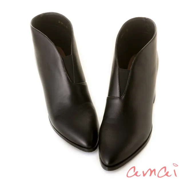 【amai】簡約V口彈性尖頭低跟短靴 踝靴 短筒靴 粗跟 時尚 英倫風 大尺碼 GW18-111BK(黑色)