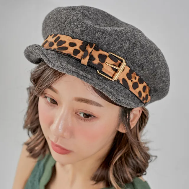 【Wonderland】豹紋金屬貝雷帽(深灰)