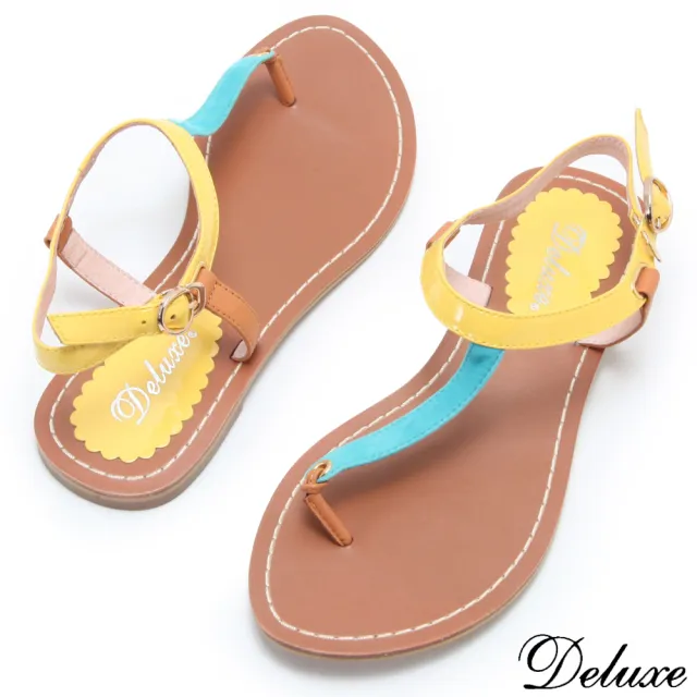 【Deluxe】夏日時尚繽紛撞色拼接T字夾腳涼鞋(藍黃☆銀紫)