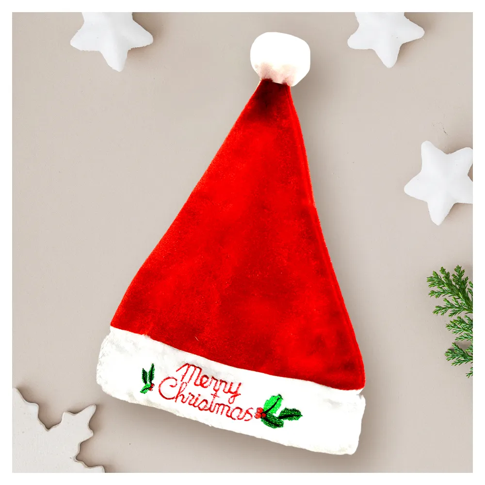 【交換禮物】摩達客-小綠葉繡字紅絨布長毛聖誕帽(耶誕派對)
