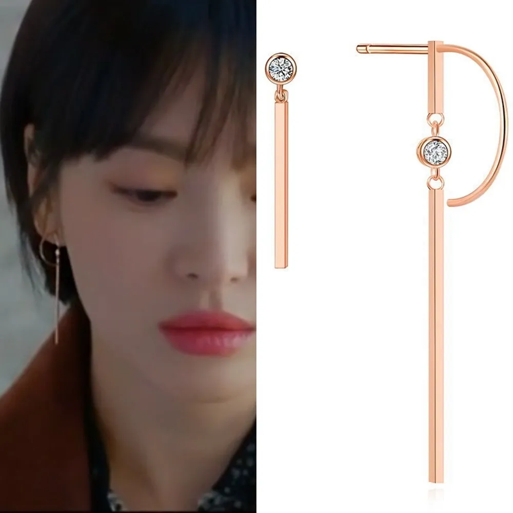 【Emi 艾迷】宋慧喬男朋友同款時尚幾何點鑽不對稱925銀針耳環