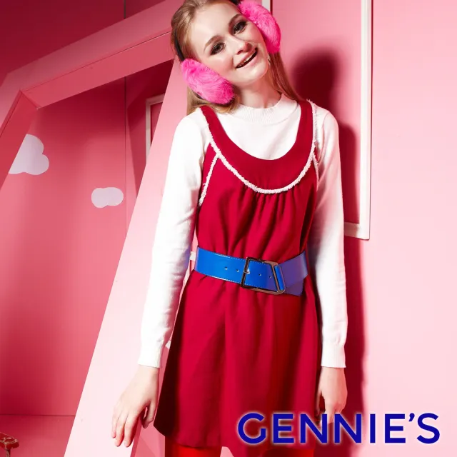 【Gennies 奇妮】多風格羊毛吊帶長版上衣-紅/藍(孕婦裝 U型領 毛絨飾邊 綁帶)