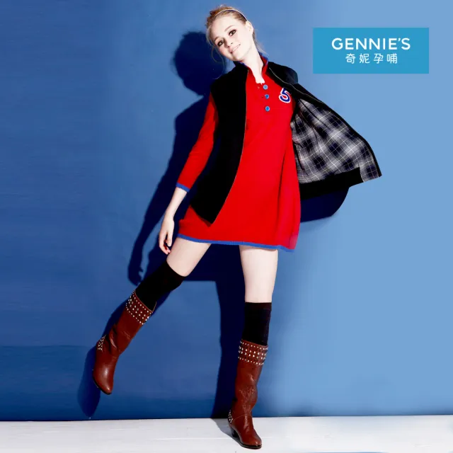 【Gennies 奇妮】POLO學院風時尚七分袖洋裝(紅/黑GSY04)