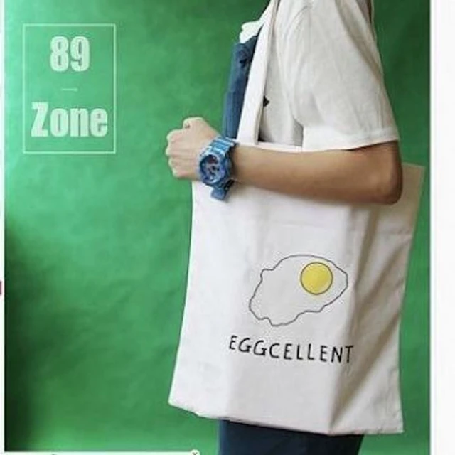 【89 zone】韓版簡約百搭荷包蛋煎蛋 購物袋 側肩包 斜挎包 單肩包 手提包 帆布包(白)