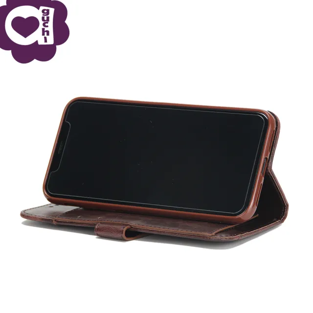 Apple iPhone X/Xs 頂級皮質瘋馬紋後扣皮套-棕粉桃