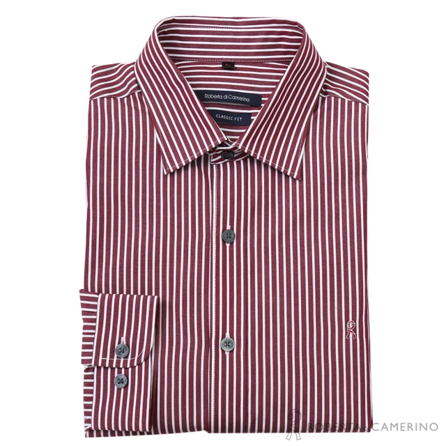 【ROBERTA 諾貝達】獨特迷人 合身版 純棉直條紋長袖襯衫(磚紅)