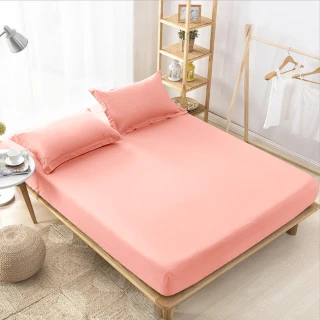 【Simple Living】60支100%天絲素色三件式枕套床包組 珊瑚桔(雙人)