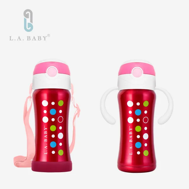【L.A. Baby】保溫保冷雙層316不鏽鋼兒童揹帶保溫瓶水壺組(極光藍 玫瑰紅 珍珠白 閨蜜粉 香檳金 紫羅蘭)